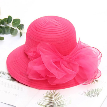 Елегантна дамска шапка с панделка Лятна органза с широка периферия Слънцезащитни шапки Kentucky Derby за жени Църква Сватба Плаж Слънчева шапка Сгъваема