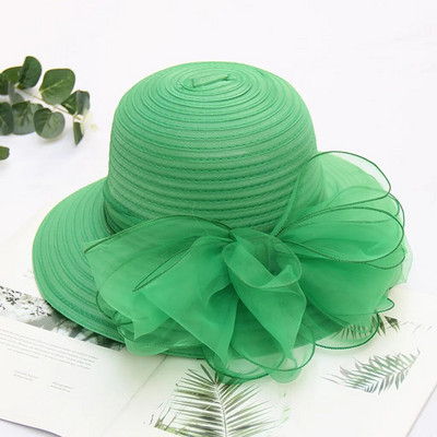 Elegáns Bow Lady Hat Nyári Organza széles karimájú fényvédő Kentucky Derby Kalapok Női Templom Esküvő Beach Napozósapka Összehajtható