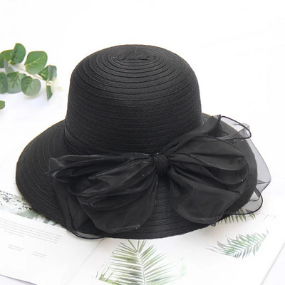Elegáns Bow Lady Hat Nyári Organza széles karimájú fényvédő Kentucky Derby Kalapok Női Templom Esküvő Beach Napozósapka Összehajtható