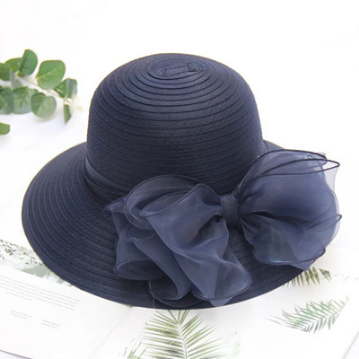 Elegáns Bow Lady Hat Nyári Organza széles karimájú fényvédő Kentucky Derby Kalapok Női Templom Esküvő Beach Napozósapka Összehajtható