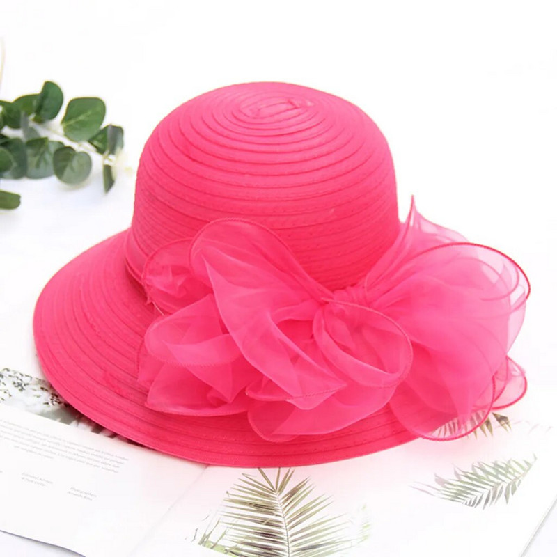 Elegáns Bow Lady Hat Nyári Organza széles karimájú fényvédő Kentucky Derby Kalapok Női Templom Esküvő Beach Napozósapka Összehajtható