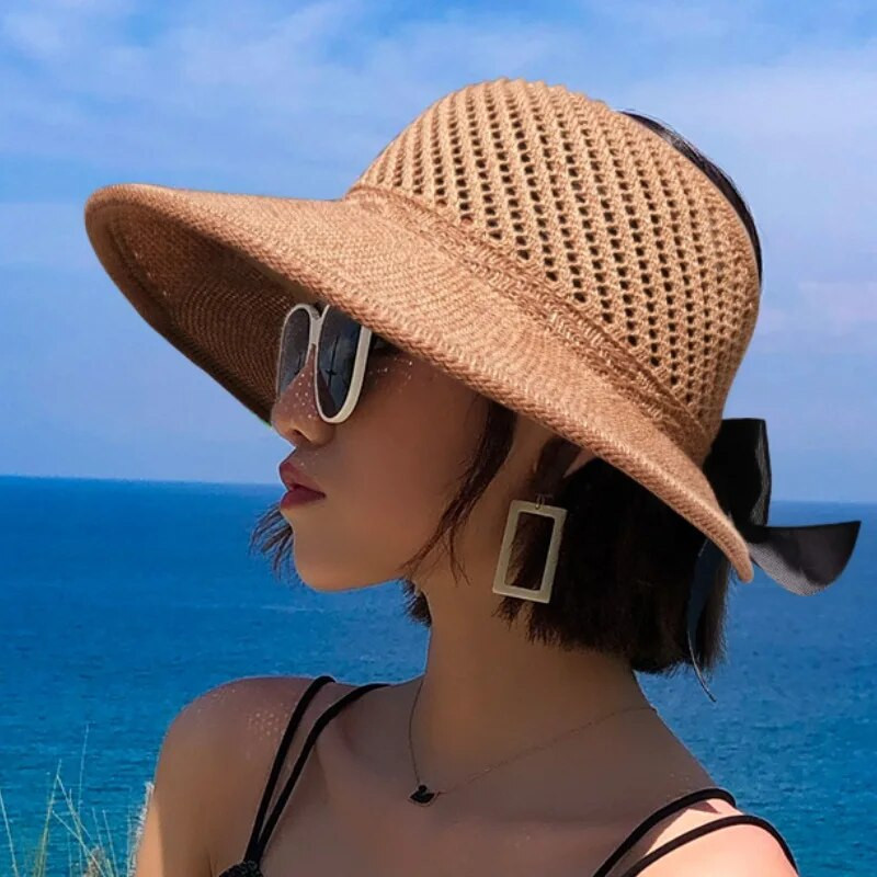 Ženski ljetni slamnati šešir sa širokim obodom Ženski rep sa UV zaštitom Šeširi za plažu od sunca Šuplji gornji sklopivi mašne na vrpci Ženska panama kapa