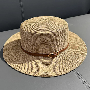 2023 Проста сламена лятна дамска плажна шапка Женска ежедневна панама шапка Дамска марка Дамска дамска сламена шапка с плоска периферия и сламена шапка за момичета Слънчева шапка