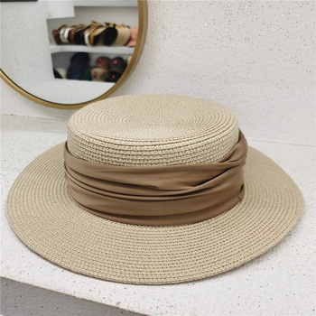 Нова лятна дамска плажна шапка Fedoras с широки страни Дамска ежедневна панама шапка Дамска класическа сламена слънчева шапка с плосък бантик