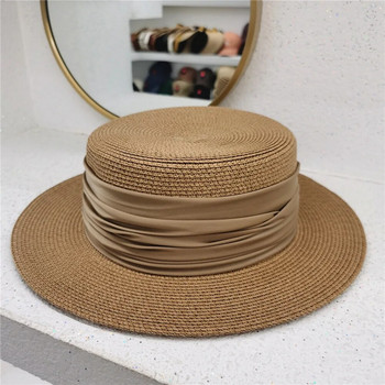 Нова лятна дамска плажна шапка Fedoras с широки страни Дамска ежедневна панама шапка Дамска класическа сламена слънчева шапка с плосък бантик