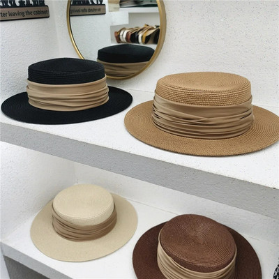Нова лятна дамска плажна шапка Fedoras с широки страни Дамска ежедневна панама шапка Дамска класическа сламена слънчева шапка с плосък бантик
