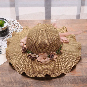 Γυναικεία μόδα Καλοκαίρι Νέο γυναικείο καπέλο ηλίου Καπέλο κουβά Μπεζ δαντέλα με παπιγιόν λουλούδια Κορδέλα επίπεδη επάνω Ψάθινο καπέλο Καπέλα παραλίας Παναμάς Δώρο