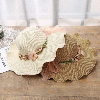 Γυναικεία μόδα Καλοκαίρι Νέο γυναικείο καπέλο ηλίου Καπέλο κουβά Μπεζ δαντέλα με παπιγιόν λουλούδια Κορδέλα επίπεδη επάνω Ψάθινο καπέλο Καπέλα παραλίας Παναμάς Δώρο