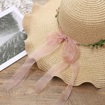 Модна дамска лятна нова дамска шапка за слънце Шапка-кофа Бежова дантелена панделка с цветя Панделка с плосък връх Сламена шапка Плажни шапки Панама Подарък