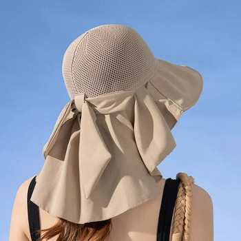 Лятна дамска шапка-кофа с шал Лека дишаща мрежеста защита на лицето и шията Слънчева шапка с панделка Плисиран дизайн Пътуваща плажна шапка