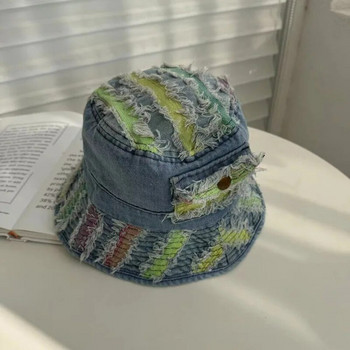 Japanese Niche Beggar Wind Denim Worn Bucket Hat Street Fashion Color Splicing Outdoor Sunshade Рибарски шапки за мъже и жени