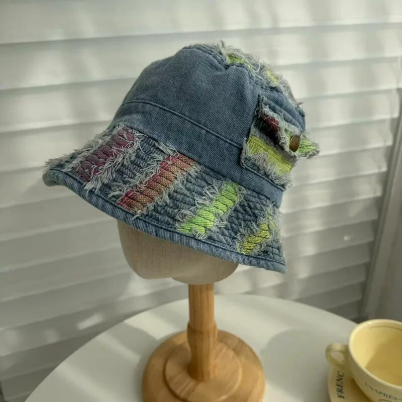Japanski Niche Beggar Wind Denim Nošeni šešir s kantom Ulična moda Spajanje boja Vanjski suncobrani Ribarski šeširi za muškarce i žene