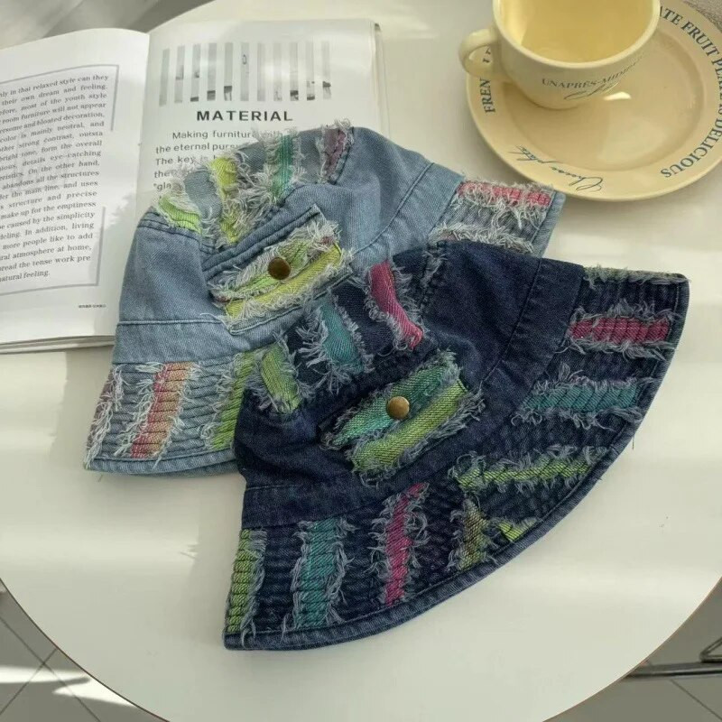 Japanski Niche Beggar Wind Denim Nošeni šešir s kantom Ulična moda Spajanje boja Vanjski suncobrani Ribarski šeširi za muškarce i žene