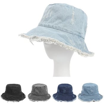 Винтидж изпрана дънкова шапка тип кофа за жени сомбреро панама мъже есен зима Рибарска шапка дизайн от желязна тел Сгъваема шапка за мивка