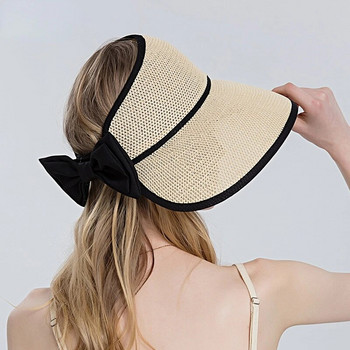 Дамска шапка Лятна широка периферия Въздушни слънчеви шапки UV защита Топ Празна шапка Лък Куха сламена шапка Регулируема дамска сгъваема плажна шапка