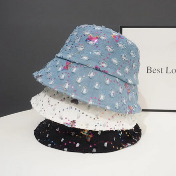 Корейска версия Нова дамска пролетна и есенна дънкова шапка с кофа Пеперуда с пайети Външно засенчване Модна сгъваема шапка за мивка