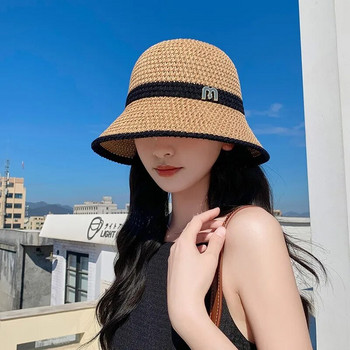 2023 летни плетени кухи слънчеви шапки за жени с еднакъв цвят сенник дамска ваканционна плажна шапка с кофа Рибарска шапка на едро