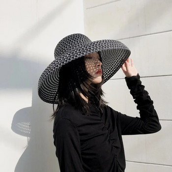 Лятна PP черно-бяла сламена шапка слънчева шапка слънцезащитен крем ваканционен морски плаж с голяма периферия лятна слънчева шапка слънчева шапка
