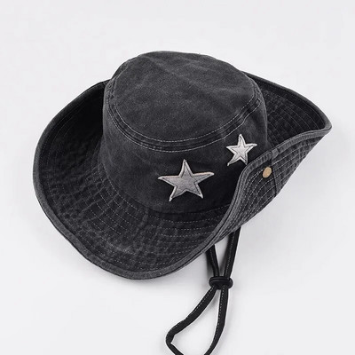 Nauja Y2K Lady Cow Bucket kepurė moterims INS Madinga, madinga džinsinė žvejo kepurė Retro žvaigždės lauko alpinizmo kepurė su dideliais kraštais