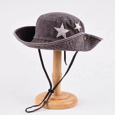 Nauja Y2K Lady Cow Bucket kepurė moterims INS Madinga, madinga džinsinė žvejo kepurė Retro žvaigždės lauko alpinizmo kepurė su dideliais kraštais