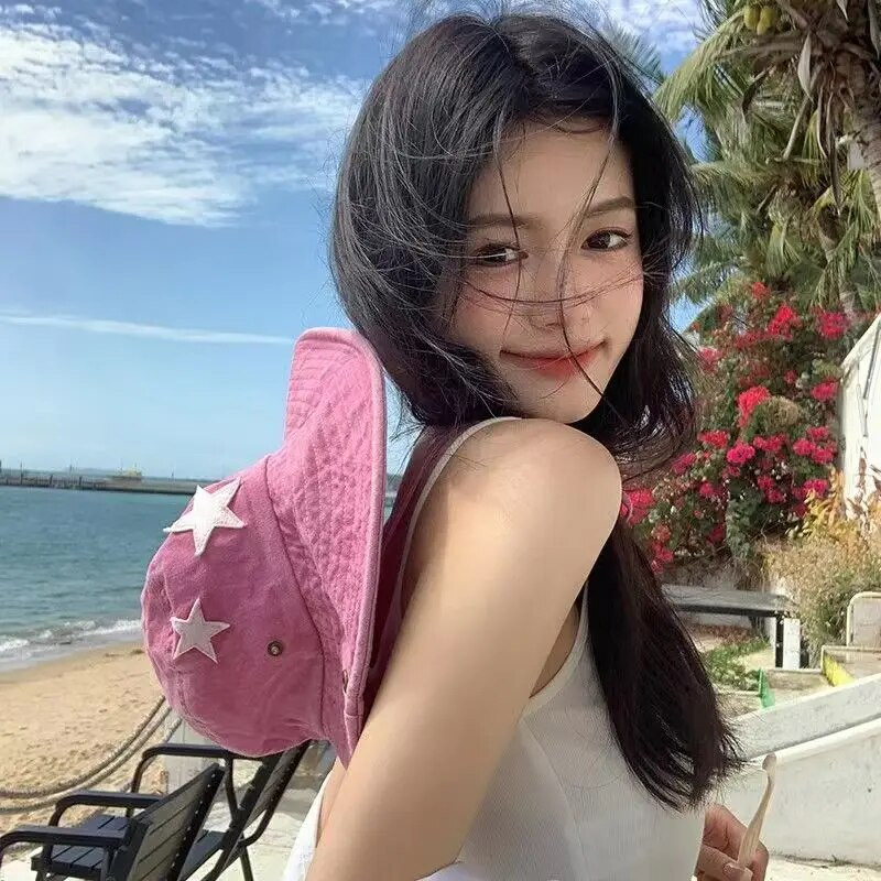 Nauja Y2K Lady Cow Bucket kepurė moterims INS Madinga, madinga džinsinė žvejo kepurė Retro žvaigždės lauko alpinizmo kepurė su dideliais kraštais