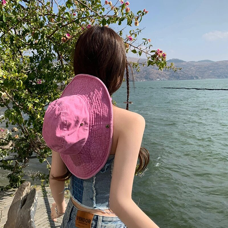 Nauja Y2K Lady Cow Bucket kepurė moterims INS Madinga, madinga džinsinė žvejo kepurė Retro žvaigždės lauko alpinizmo kepurė su dideliais kraštais