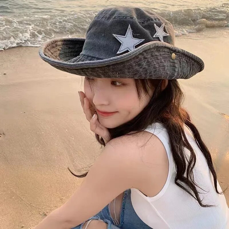 Nauja Y2K Lady Cow Bucket kepurė moterims INS Madinga, madinga džinsinė žvejo kepurė Retro žvaigždės lauko alpinizmo kepurė su dideliais kraštais