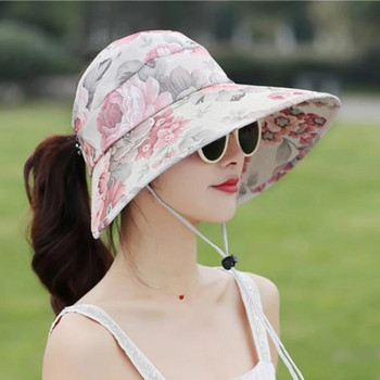 Памучна шапка за слънце с корейски щампи с флорални щампи Дамска сгъваема UV празна горна шапка за пътуване на открито, плаж с голяма периферия, дишаща слънцезащитна шапка U78