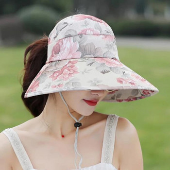 Памучна шапка за слънце с корейски щампи с флорални щампи Дамска сгъваема UV празна горна шапка за пътуване на открито, плаж с голяма периферия, дишаща слънцезащитна шапка U78