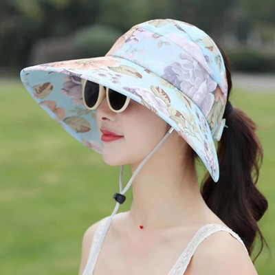 Pamučni šešir za sunčanje s korejskim cvjetnim printom i mašnom Ženska sklopiva UV kapa s praznim vrhom za putovanja na otvorenom, za plažu s velikim obodom, prozračna kapa za zaštitu od sunca U78