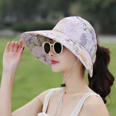 Pamučni šešir za sunčanje s korejskim cvjetnim printom i mašnom Ženska sklopiva UV kapa s praznim vrhom za putovanja na otvorenom, za plažu s velikim obodom, prozračna kapa za zaštitu od sunca U78