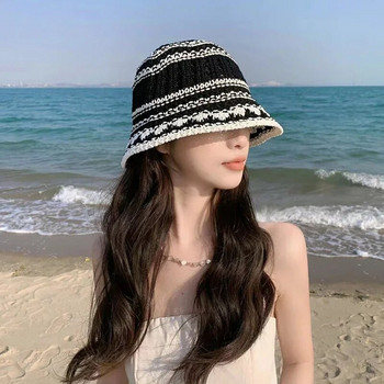Лятна шапка за жени Ръчно изработена, плетена на една кука дишаща шапка-кофа от памук и лен Женска модерна рибарска шапка Черна шапка за мивка