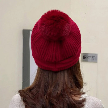 Модни дамски шапки с помпони за момичета Зимна топла удебелена шапка Стилни бини шапки Ежедневни плетени шапки на открито