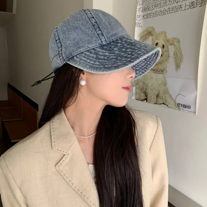 Divat farmer szemellenzők kacsacsőrű kalap beállítható húzózsinór széles karimájú retro koreai nyári napsapka csúcsos sapka kék kazetta nőknek