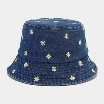 Рибарска шапка с бродирана малка маргаритка за жени през пролетта и лятото Мода Универсален сенник и слънцезащитен крем Шоу Малко лице
