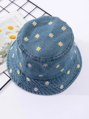 Little Daisy Embroidered Fisherman Hat for Women in Spring and Summer Fashion Ευέλικτο αντηλιακό και αντηλιακό δείχνει το μικρό πρόσωπο