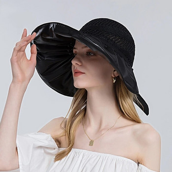 Дамска лятна елегантна шапка-кофа с папийонка Дамска винилова слънцезащитна плажна шапка Дишаща шапка на открито с широка периферия Слънцезащитна шапка