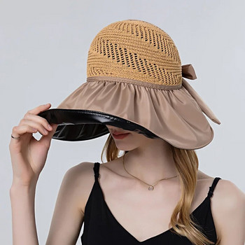 Дамска лятна елегантна шапка-кофа с папийонка Дамска винилова слънцезащитна плажна шапка Дишаща шапка на открито с широка периферия Слънцезащитна шапка