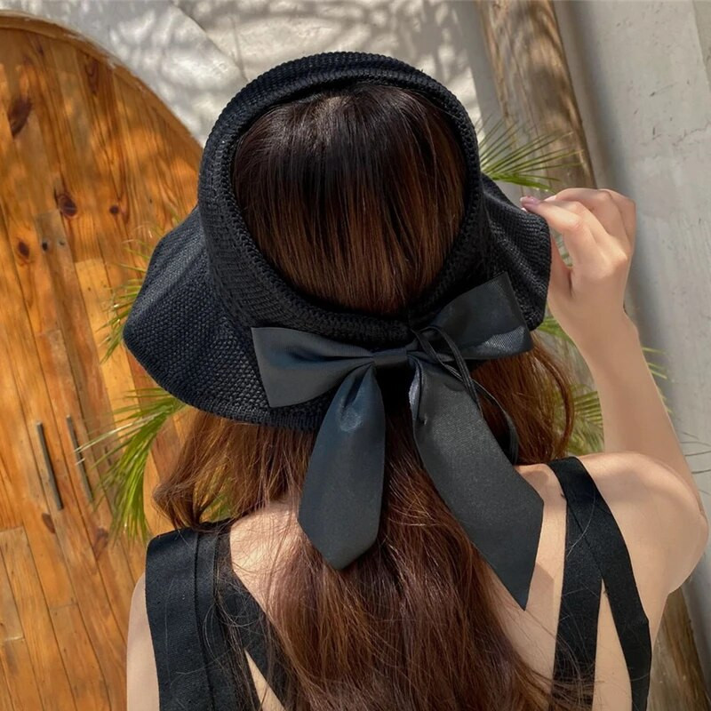 Nyári női napsapkák, nagy karimájú, klasszikus masnival összecsukható divatos szalmakalap alkalmi szabadtéri strandsapka nőknek UV-védett sapka