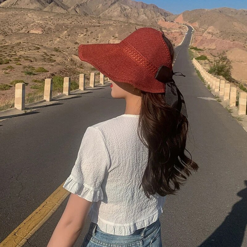 Nyári női napsapkák, nagy karimájú, klasszikus masnival összecsukható divatos szalmakalap alkalmi szabadtéri strandsapka nőknek UV-védett sapka