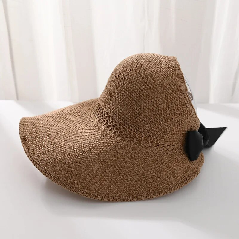 Nyári női napsapkák, nagy karimájú, klasszikus masnival összecsukható divatos szalmakalap alkalmi szabadtéri strandsapka nőknek UV-védett sapka