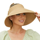 Moteriška skrybėlė su skydeliais nuo saulės – moteriška plataus krašto šiaudinė kepurė nuo saulės, susukama sulankstoma paplūdimio kepurė moterims, moteriška kepurė nuo saulės surišti į uodegą vasarą