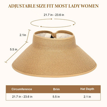 Γυναικείο καπέλο Sun Visors - Γυναικείο ψάθινο καπέλο ηλίου με φαρδύ γείσο, πτυσσόμενο καπέλο παραλίας για γυναίκες, γυναικείο καπέλο ηλίου αλογοουρά καλοκαίρι