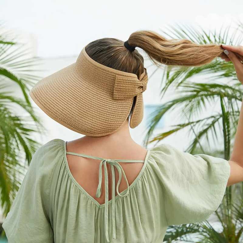 Moteriška skrybėlė su skydeliais nuo saulės – moteriška plataus krašto šiaudinė kepurė nuo saulės, susukama sulankstoma paplūdimio kepurė moterims, moteriška kepurė nuo saulės surišti į uodegą vasarą