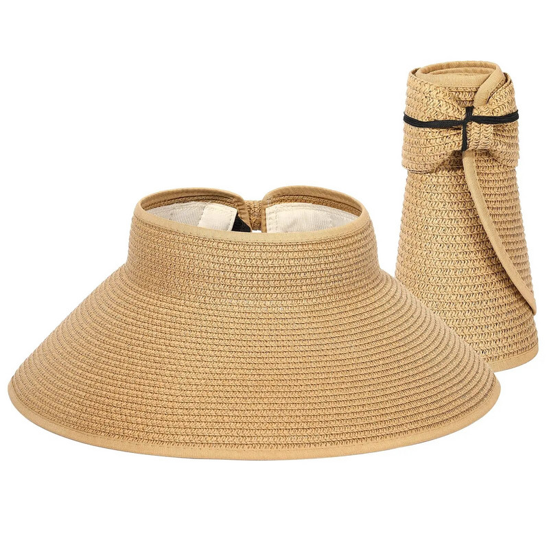 Moteriška skrybėlė su skydeliais nuo saulės – moteriška plataus krašto šiaudinė kepurė nuo saulės, susukama sulankstoma paplūdimio kepurė moterims, moteriška kepurė nuo saulės surišti į uodegą vasarą