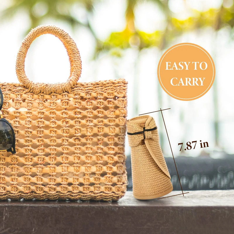 Moteriška skrybėlė su skydeliais nuo saulės – moteriška plataus krašto šiaudinė kepurė nuo saulės, susukama sulankstoma paplūdimio kepurė moterims, moteriška kepurė nuo saulės surišti į uodegą vasarą