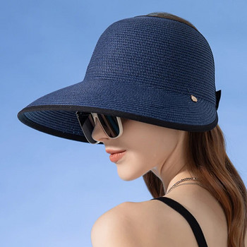 Дамска сламена шапка Едноцветна дишаща плажна шапка с голяма периферия Сгъваема шапка за пътуване на открито Туризъм Празен цилиндър Магическа лента Лятна шапка за слънце
