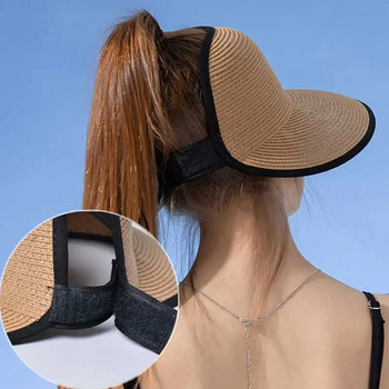 Γυναικείο ψάθινο καπέλο μονόχρωμο Αναπνεύσιμο μεγάλο καπέλο παραλίας Πτυσσόμενο υπαίθριο ταξίδι Πεζοπορία άδειο επάνω καπέλο Magic Tape Καλοκαιρινό καπέλο