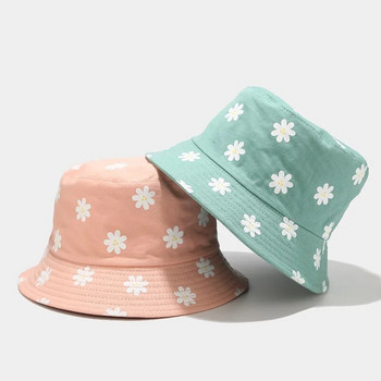 Νέο καπέλο ψαρά με στάμπα λουλουδιών Γυναικεία λογοτεχνία και τέχνη μικρό φρέσκο καπέλο λεκάνης εξωτερικό αλεξήλιο διπλής όψης το καλοκαίρι