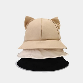 Καπέλο καπέλο με κουβά αυτιών γάτας για κορίτσι Βαμβακερό γυναικείο καπέλο για τον ήλιο Κορεατική Άνοιξη Καλοκαίρι Παναμά Μασίφ Θηλυκό καπέλο για ηλίου εξωτερικού χώρου